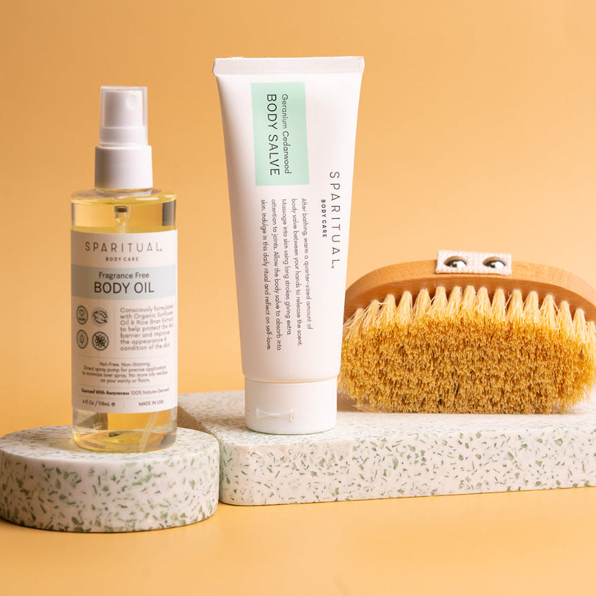 Skin Vitality set featuring Fragrance Free Body Oil, Geranium Cedarwood Body Salve and Vegan Dry Body Brush. Clean Beauty, Slow Beauty, Vegan, Cruelty Free.