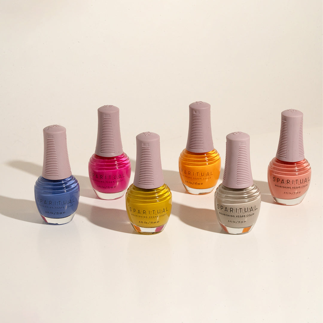 Nourishing Vegan Color collection featuring six nail polish shades. Vegan, cruelty-free, clean formula for healthy nails with 1-step application, no base or top coat needed.