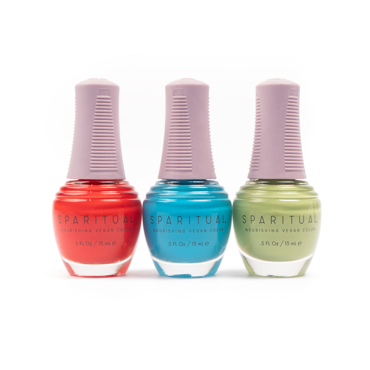 Nourishing Vegan Color collection featuring three nail polish shades. Vegan, cruelty-free, clean formula for healthy nails with 1-step application, no base or top coat needed.
