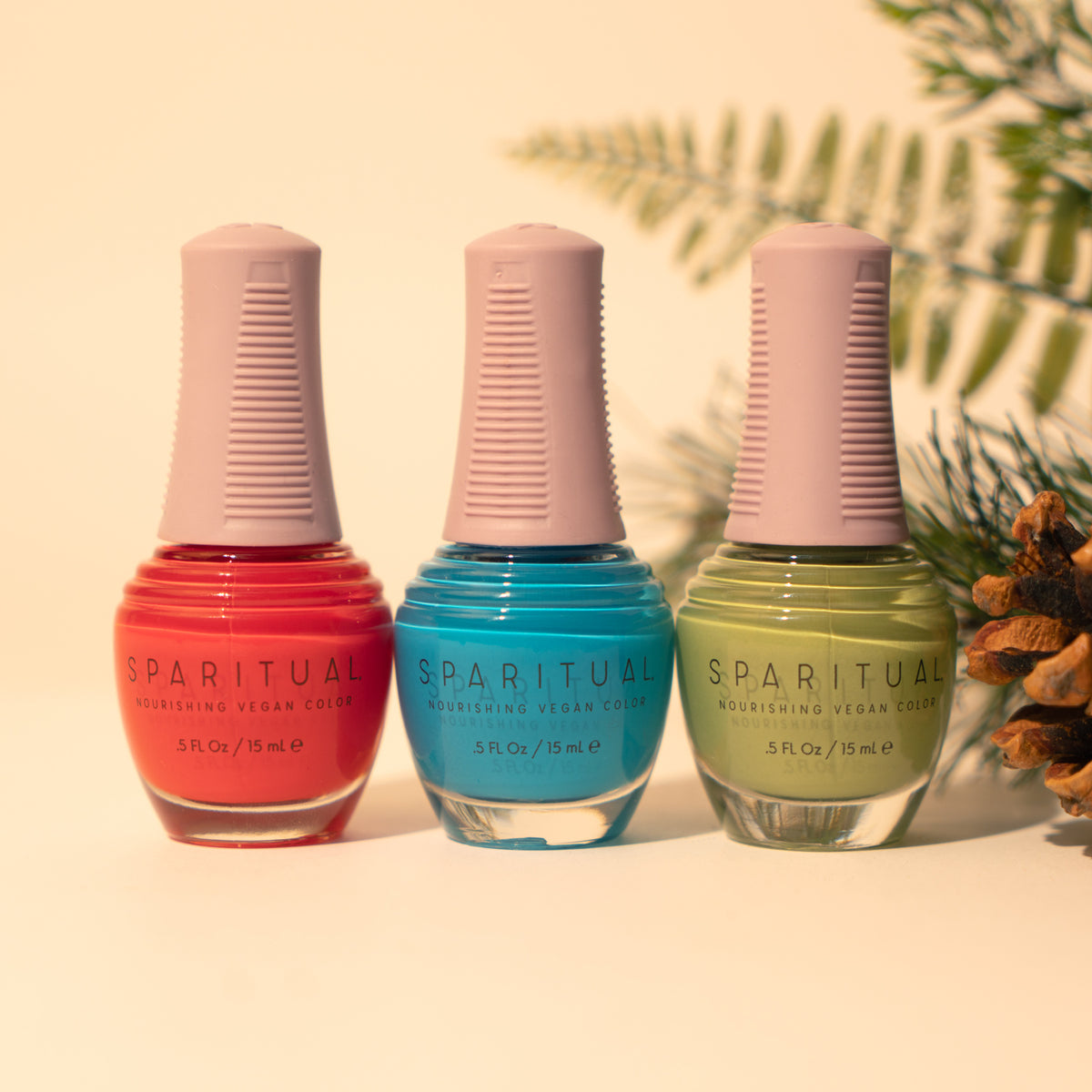 Nourishing Vegan Color collection featuring three nail polish shades. Vegan, cruelty-free, clean formula for healthy nails with 1-step application, no base or top coat needed.