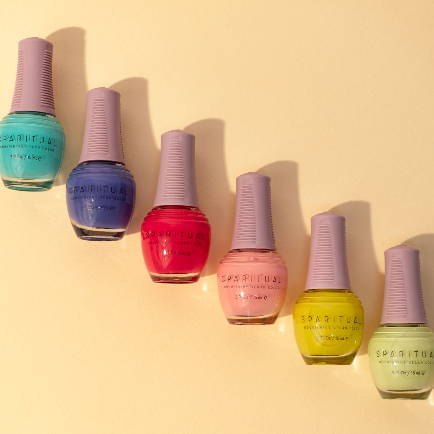 Nourishing Vegan Color collection featuring six nail polish shades. Vegan, cruelty-free, clean formula for healthy nails with 1-step application, no base or top coat needed.