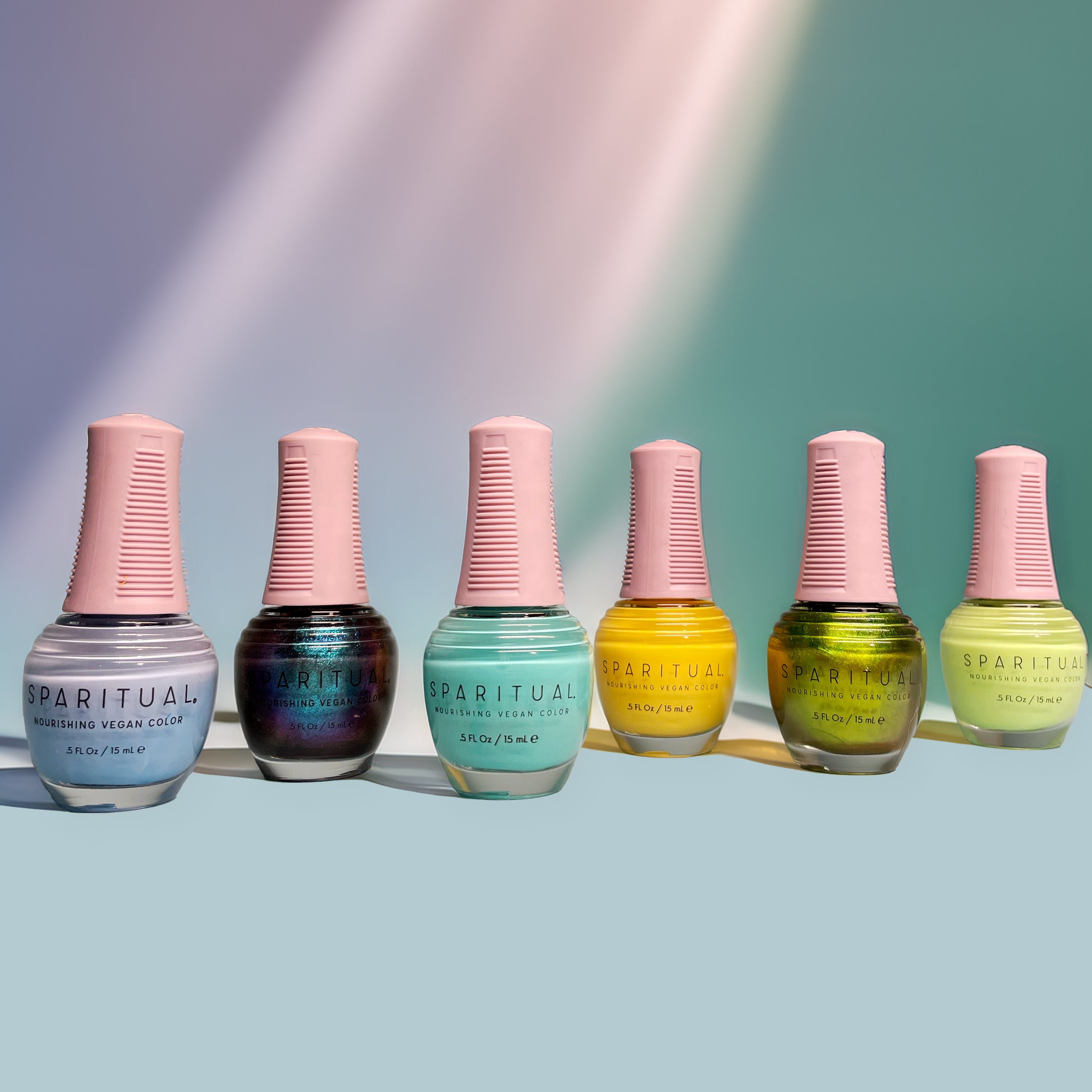 Nourishing Vegan Color collection by SPARITUAL featuring six nail polish shades. Vegan, cruelty-free, clean formula for healthy nails with 1-step application, no base or top coat needed.