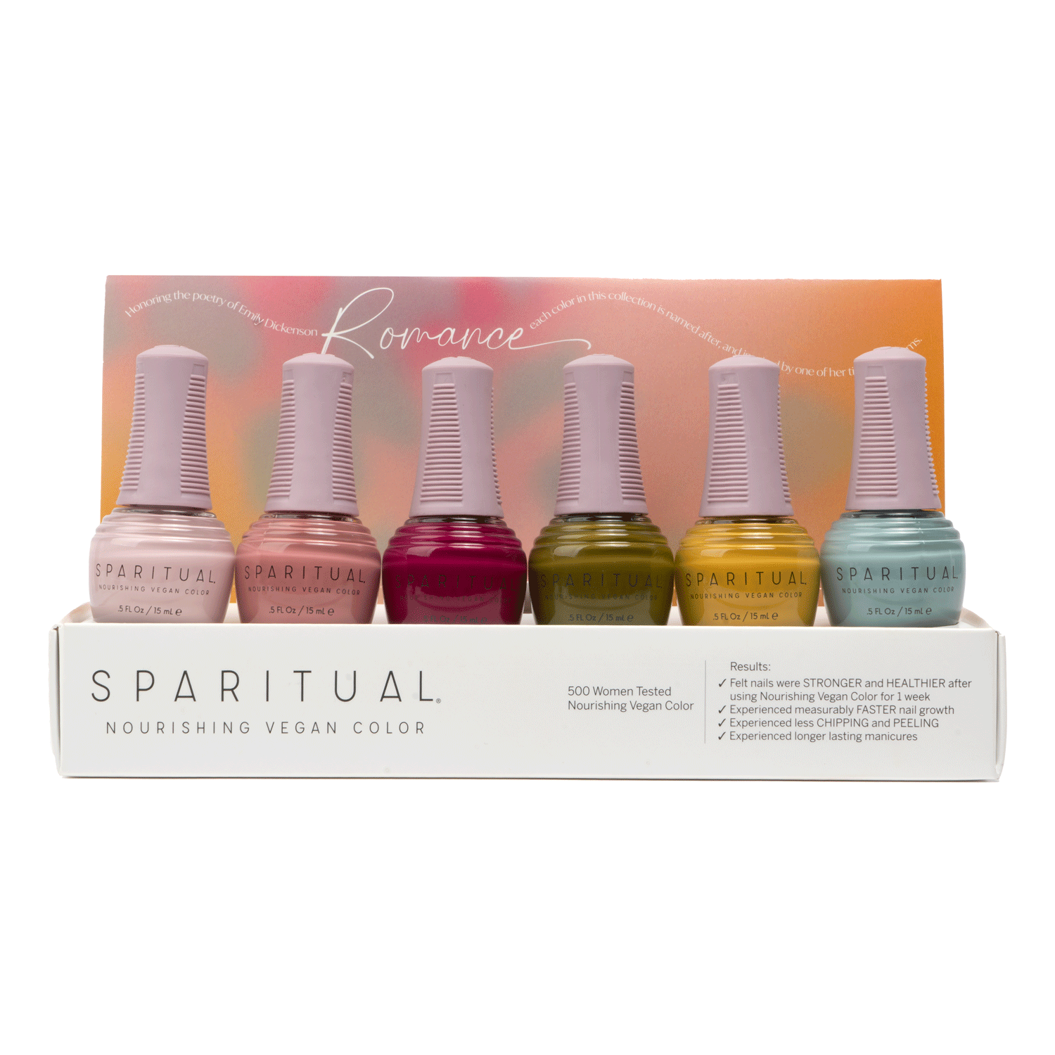Nourishing Vegan Color collection featuring six nail polish shades. Vegan, cruelty-free, clean formula for healthy nails with 1-step application, no base or top coat needed.