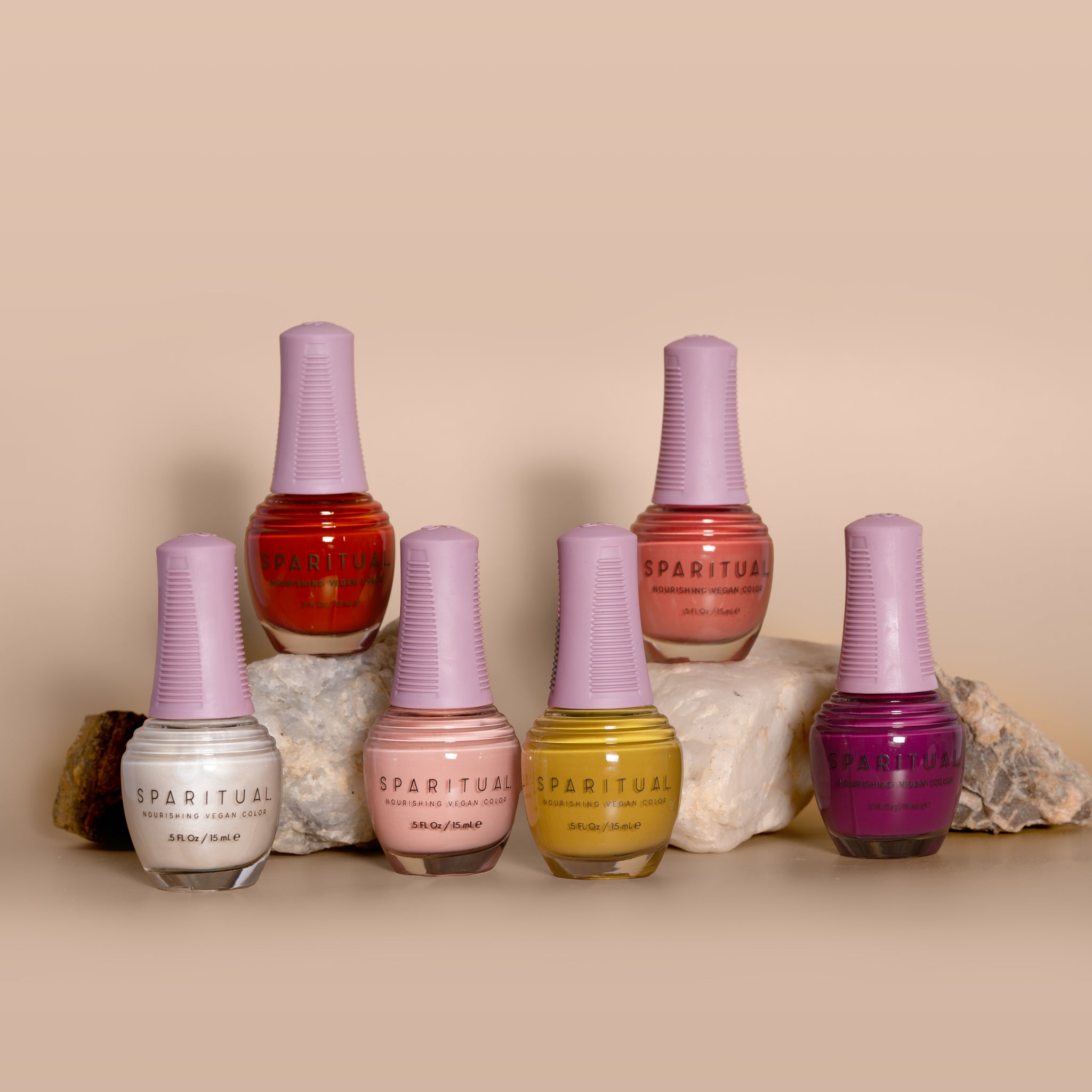 Nourishing Vegan Color collection featuring six nail polish shades. Vegan, cruelty-free, clean formula for healthy nails with 1-step application, no base or top coat needed.