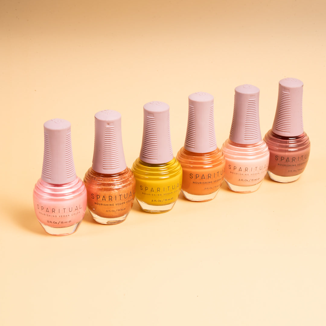 Collection of Nourishing Vegan Color by SPARITUAL. Vegan, cruelty-free, clean formula for healthy nails with 1-step application, no base or top coat needed.
