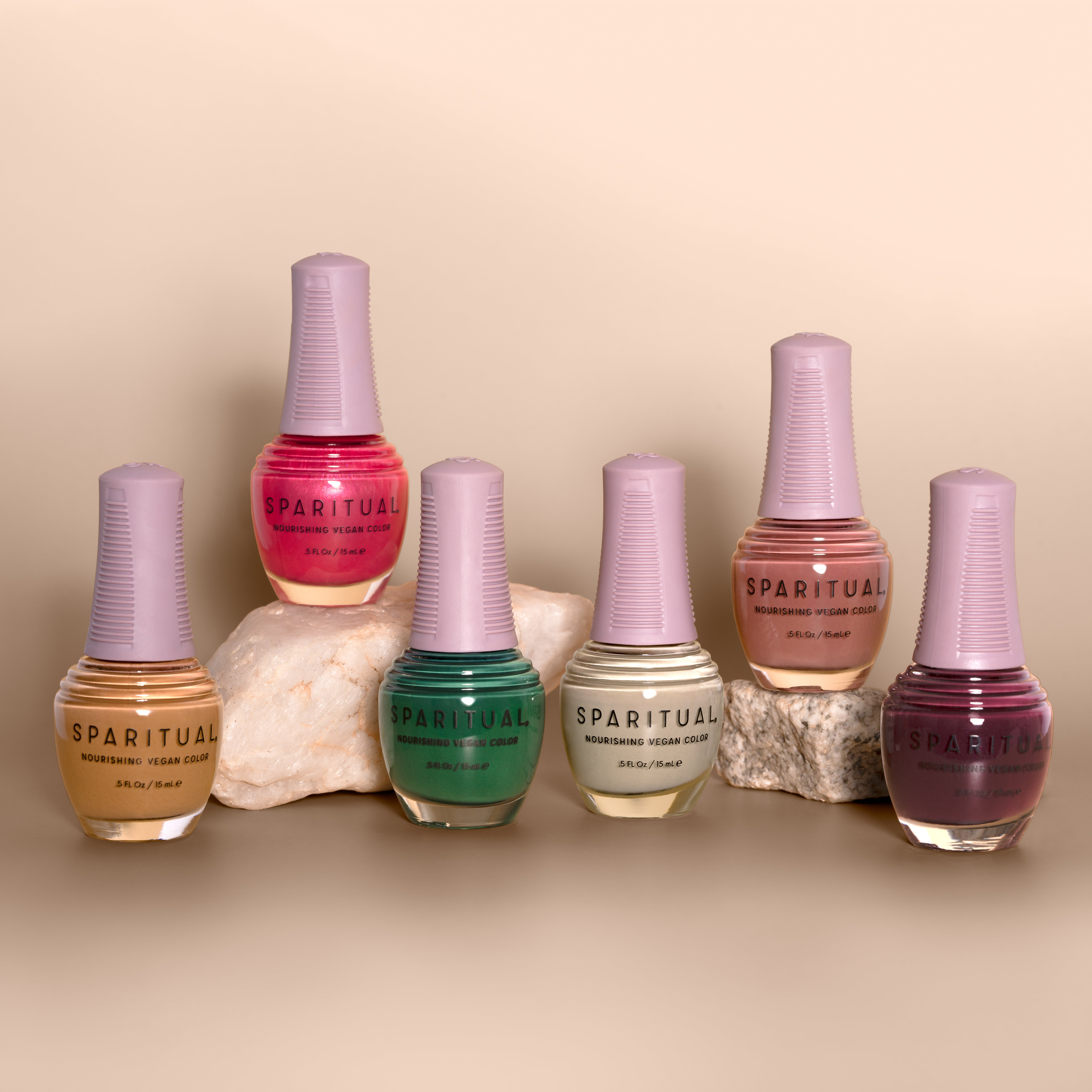 Nourishing Vegan Color collection featuring six nail polish shades. Vegan, cruelty-free, clean formula for healthy nails with 1-step application, no base or top coat needed.