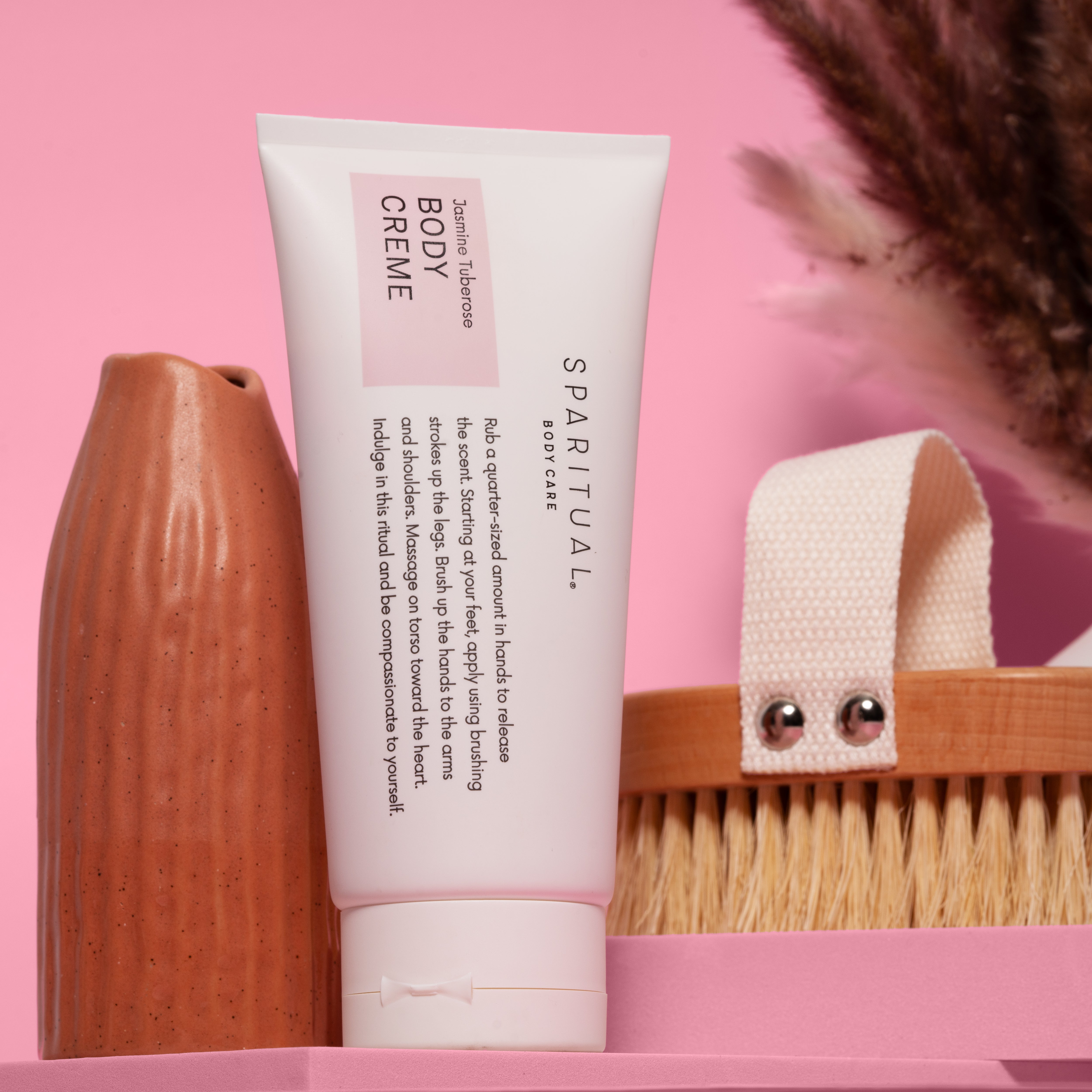 SPARITUAL Lymphatic Love Duo with body crème and dry brush. Vegan, slow beauty, hydrating clean skincare for lymphatic care.