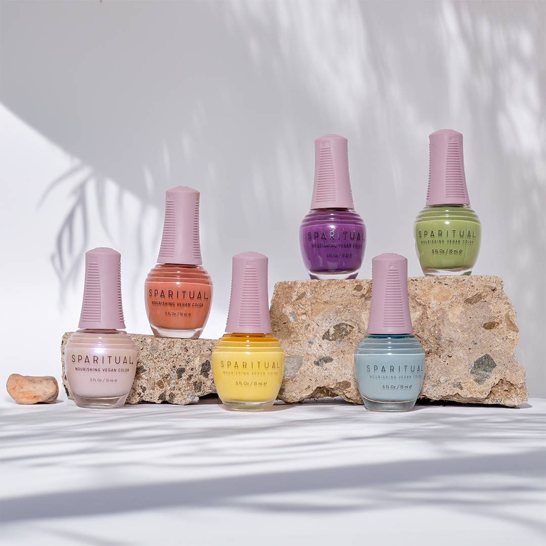 Nourishing Vegan Color collection featuring six nail polish shades. Vegan, cruelty-free, clean formula for healthy nails with 1-step application, no base or top coat needed.