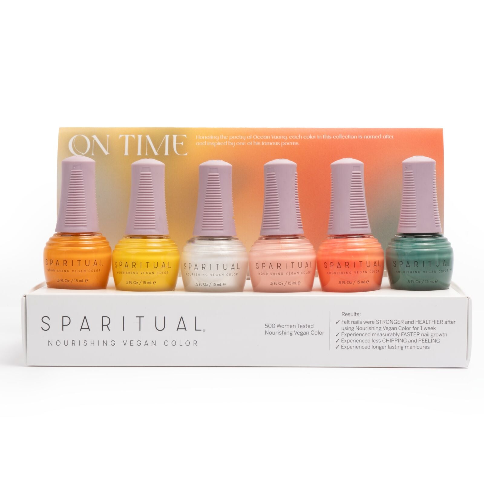 Nourishing Vegan Color collection featuring six nail polish shades. Vegan, cruelty-free, clean formula for healthy nails with 1-step application, no base or top coat needed.