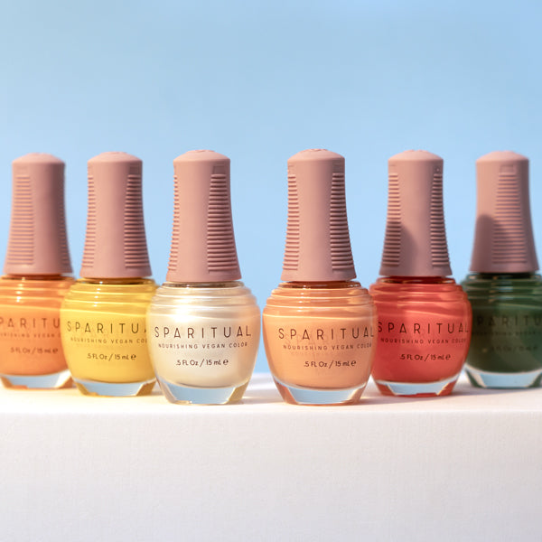 Nourishing Vegan Color collection featuring six nail polish shades. Vegan, cruelty-free, clean formula for healthy nails with 1-step application, no base or top coat needed.