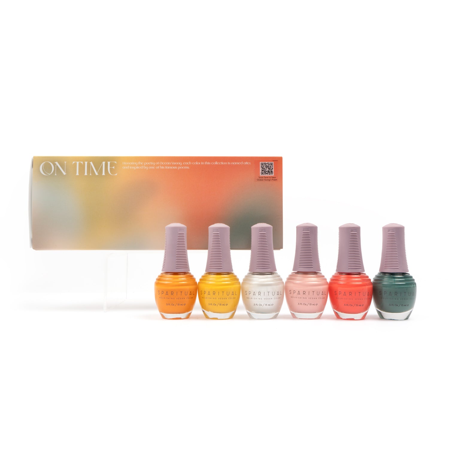 Nourishing Vegan Color collection featuring six nail polish shades. Vegan, cruelty-free, clean formula for healthy nails with 1-step application, no base or top coat needed.