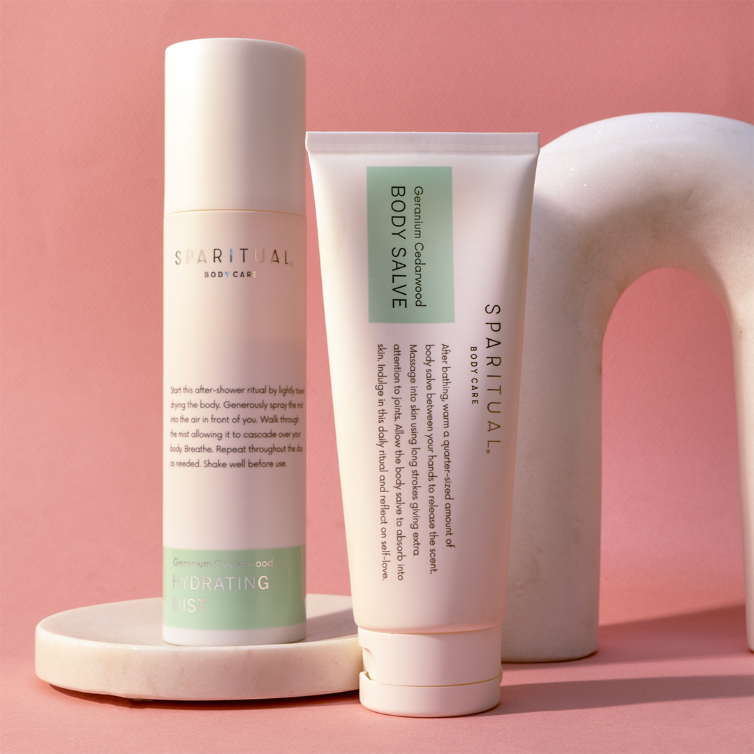 SPARITUAL skin care set featuring Geranium Cedarwood Hydrating Mist and Body Salve. Vegan, slow beauty, hydrating clean skincare