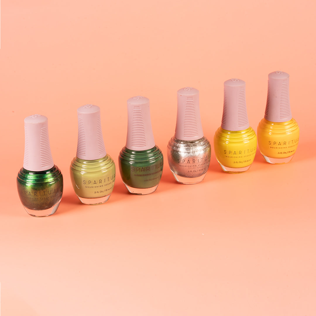 Collection of Nourishing Vegan Color by SPARITUAL. Vegan, cruelty-free, clean formula for healthy nails with 1-step application, no base or top coat needed.
