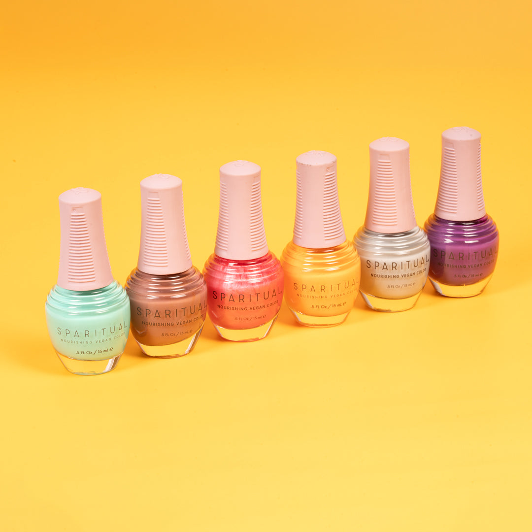 Collection of Nourishing Vegan Color by SPARITUAL. Vegan, cruelty-free, clean formula for healthy nails with 1-step application, no base or top coat needed.
