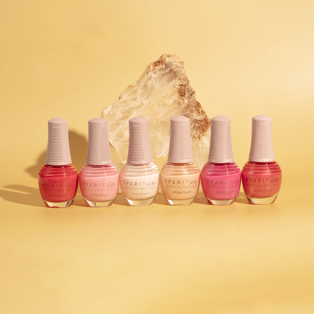 Collection of Nourishing Vegan Color by SPARITUAL. Vegan, cruelty-free, clean formula for healthy nails with 1-step application, no base or top coat needed.
