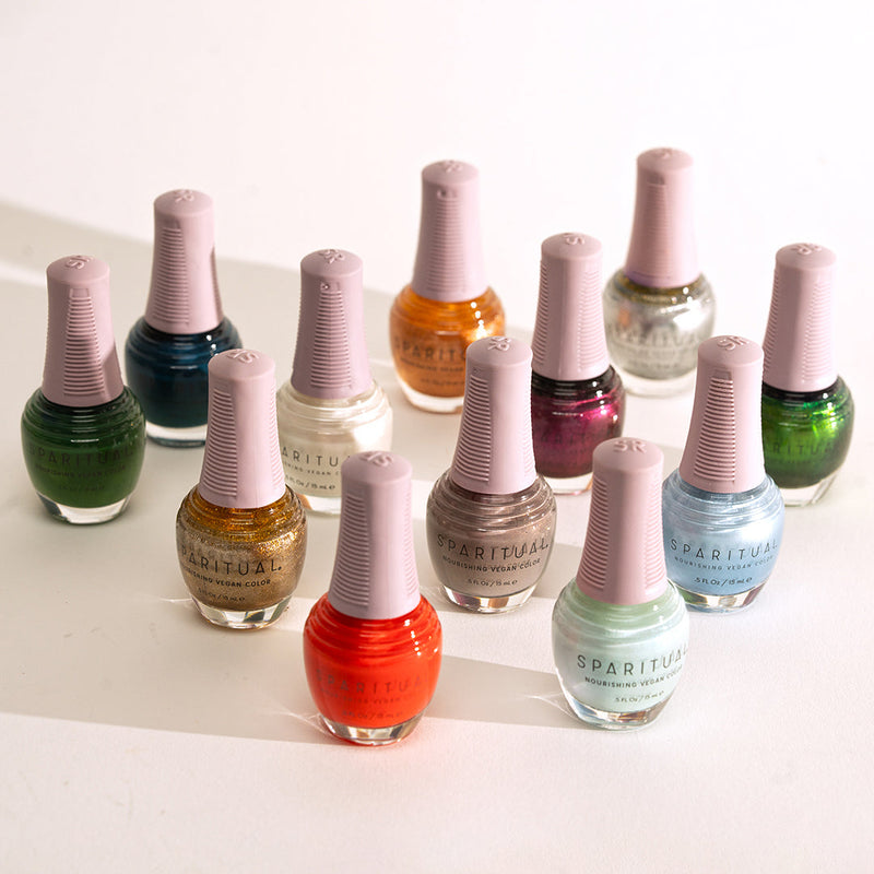 Nourishing Vegan Color collection featuring six holiday inspired nail polish shades for healthy nails with treatment and color benefits.