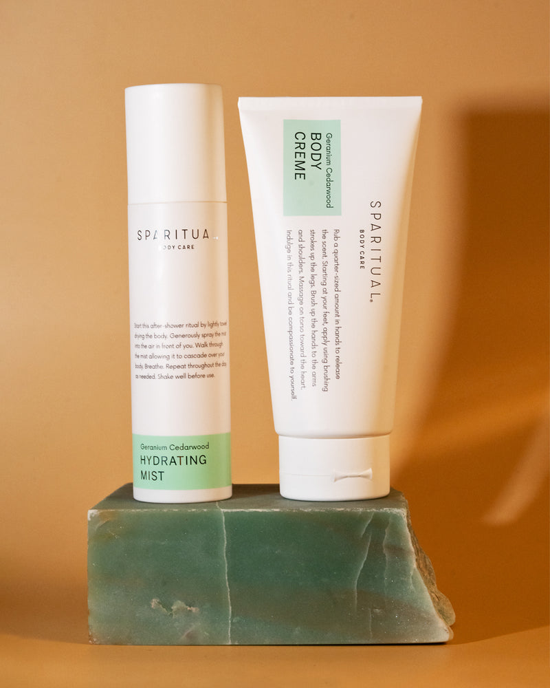 SPARITUAL Instant Hydration skincare set featuring Geranium Cedarwood Body Creme and Hydrating Mist. Vegan, slow beauty, hydrating clean skincare.