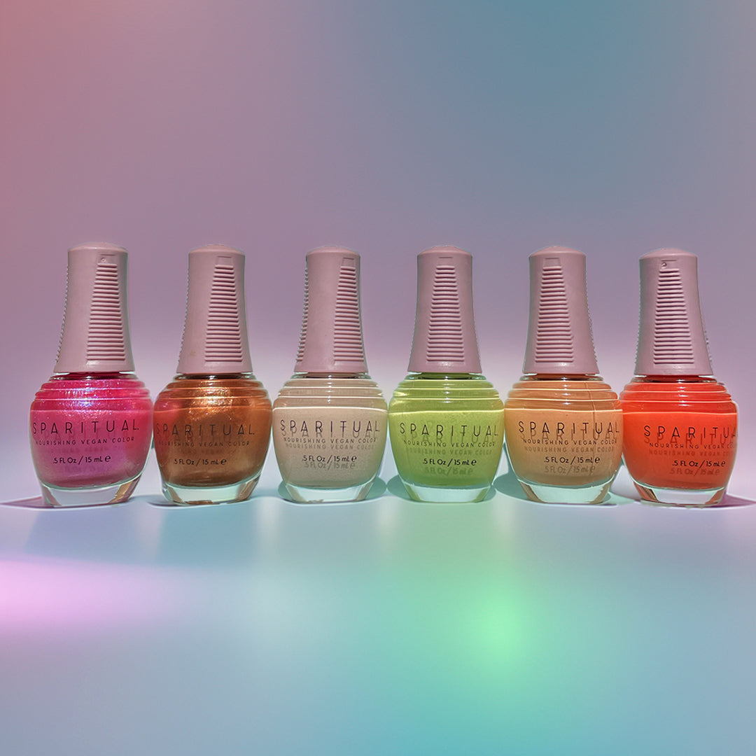 Nourishing Vegan Color collection featuring six nail polish shades. Vegan, cruelty-free, clean formula for healthy nails with 1-step application, no base or top coat needed.