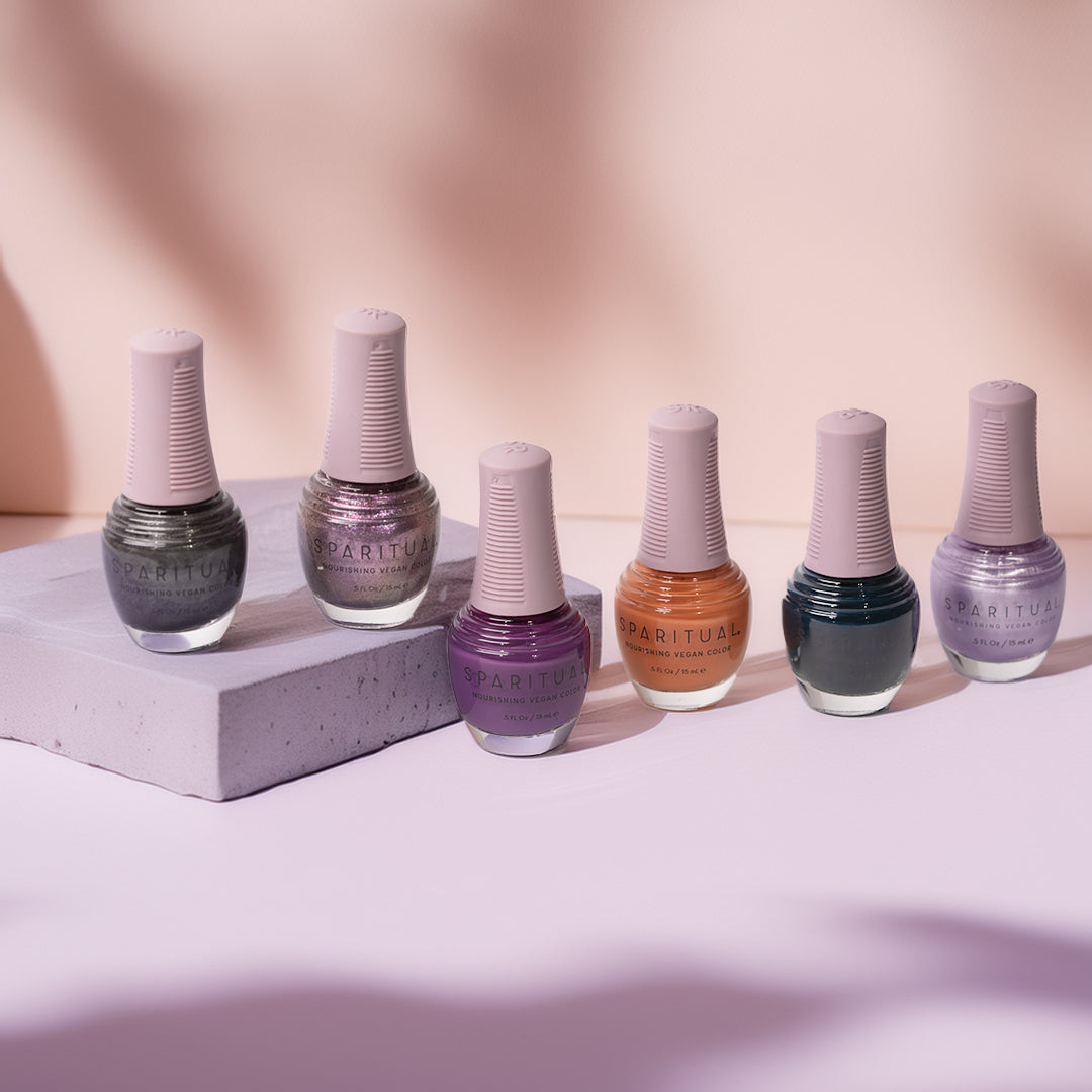 Nourishing Vegan Color collection featuring six nail polish shades. Vegan, cruelty-free, clean formula for healthy nails with 1-step application, no base or top coat needed.