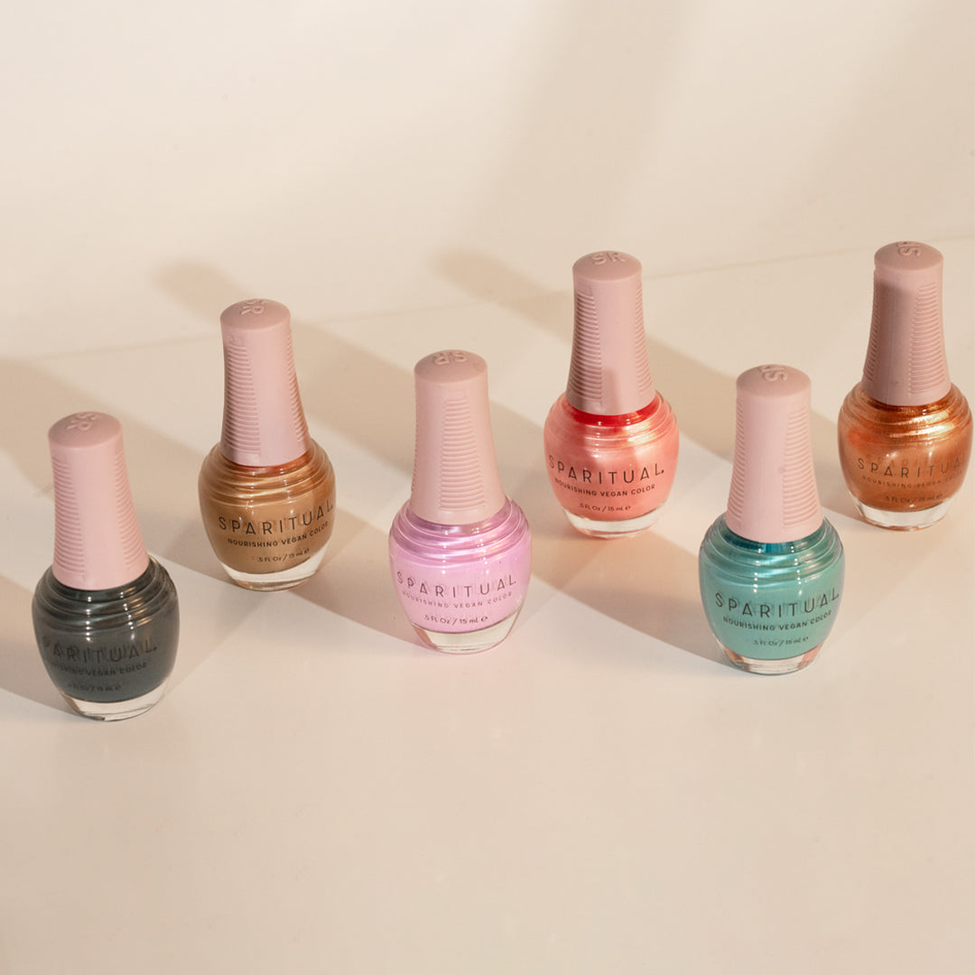 Nourishing Vegan Color collection featuring six nail polish shades. Vegan, cruelty-free, clean formula for healthy nails with 1-step application, no base or top coat needed.