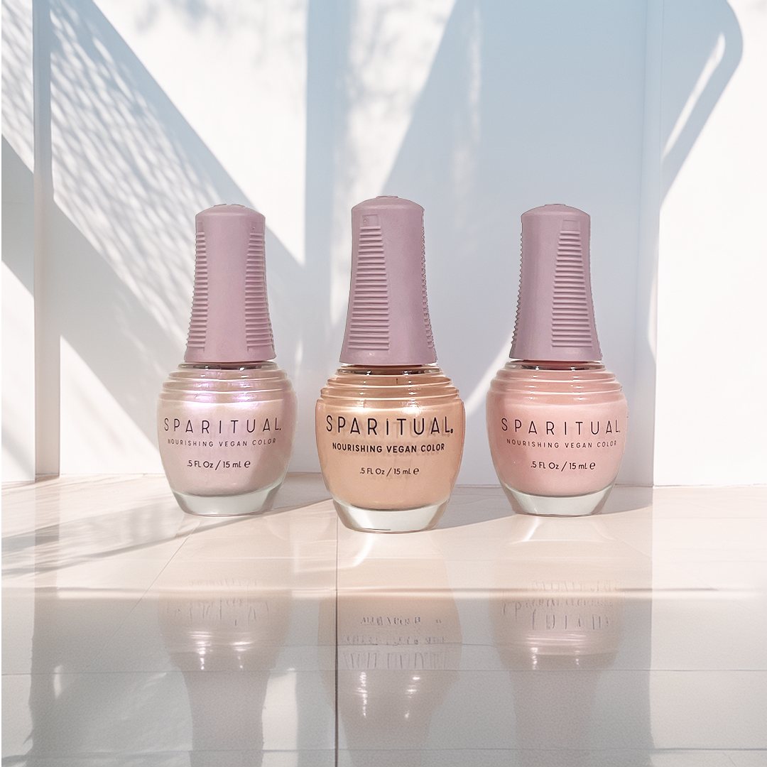 Nourishing Vegan Color collection by SPARITUAL featuring three nail polish shades in the Soap Nail trend. Vegan, cruelty-free, clean formula for healthy nails with 1-step application, no base or top coat needed.