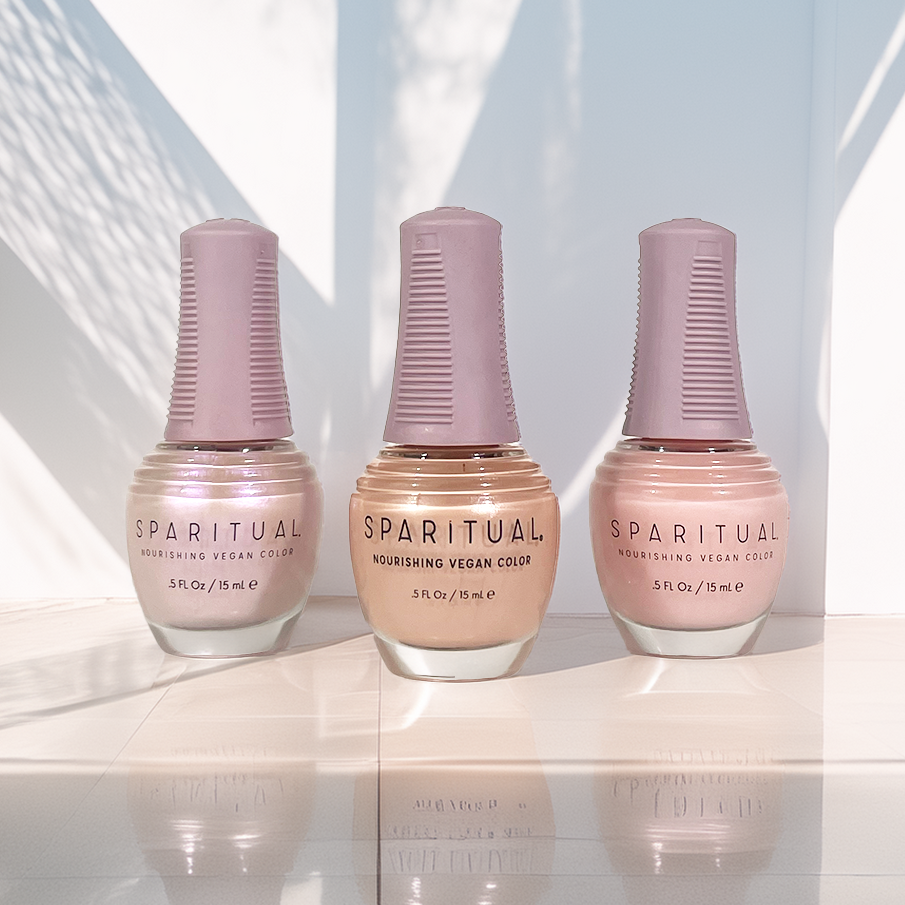 Nourishing Vegan Color collection by SPARITUAL featuring three nail polish shades in the Soap Nail trend. Vegan, cruelty-free, clean formula for healthy nails with 1-step application, no base or top coat needed.