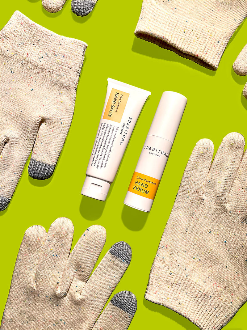 SPARITUAL Hand Salve, Hand Serum and Spa Gloves. Vegan, slow beauty, hydrating clean hand care system called the Hand Facial. 