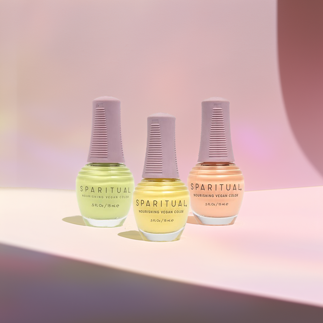 Nourishing Vegan Color collection featuring three nail polish shades. Vegan, cruelty-free, clean formula for healthy nails with 1-step application, no base or top coat needed.